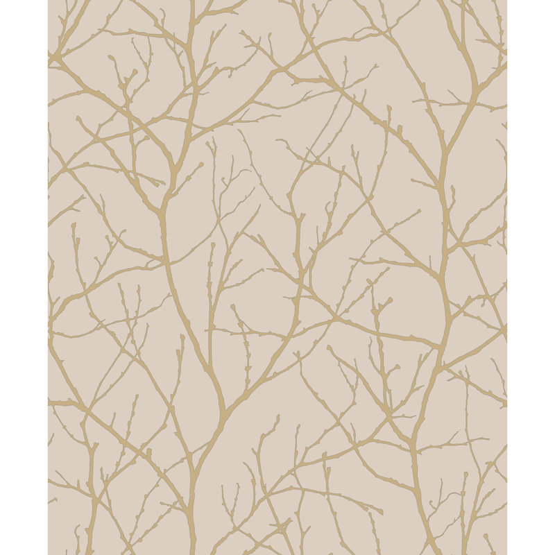 Trees Silhouette Floral Metallic Wallpaper Roll, Beige/Gold