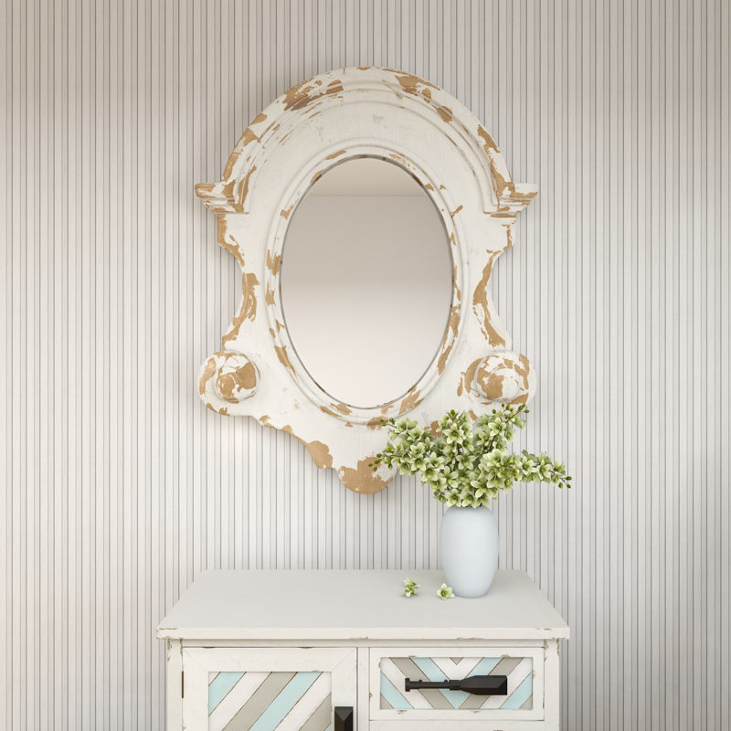 White Carved Oval Wood Wall Mirror with Arched Top