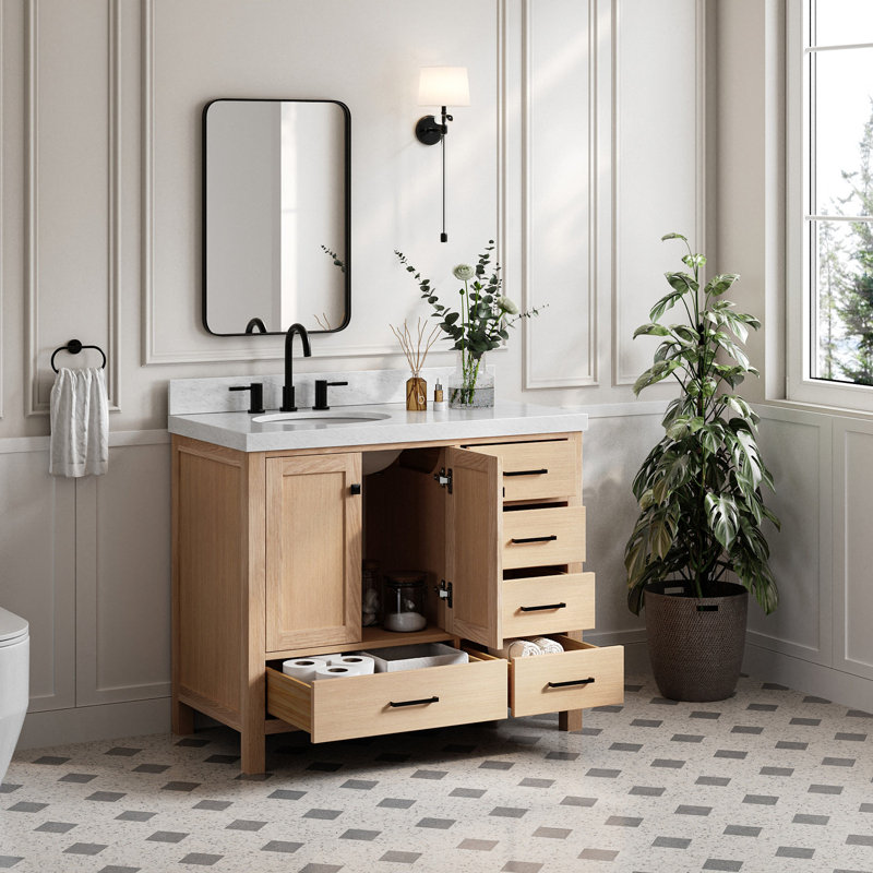Cambridge Single Bathroom Vanity with Carrara Marble Top, Oak