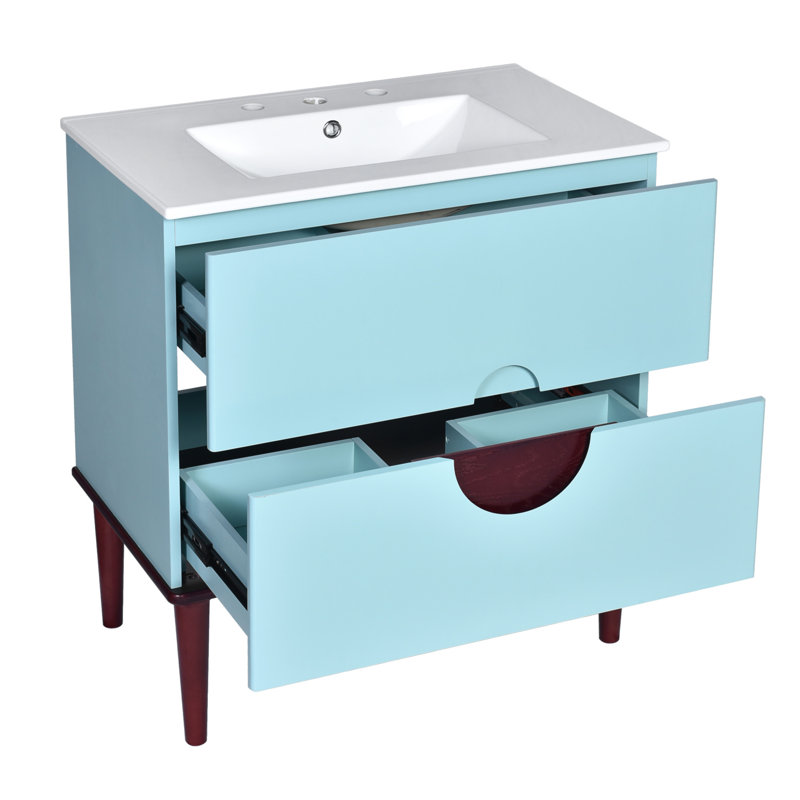 Armoire de meuble-lavabo 30 po avec lavabo en céramique, structure en bois massif et 2 tiroirs pour un rangement moderne