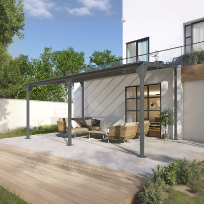 Pavillon de jardin mural 14,76 x 9,22 pi avec cadre en fer thermolaqué, panneaux de toit en PC, conception inclinée pour la terrasse, le jardin et la cour?