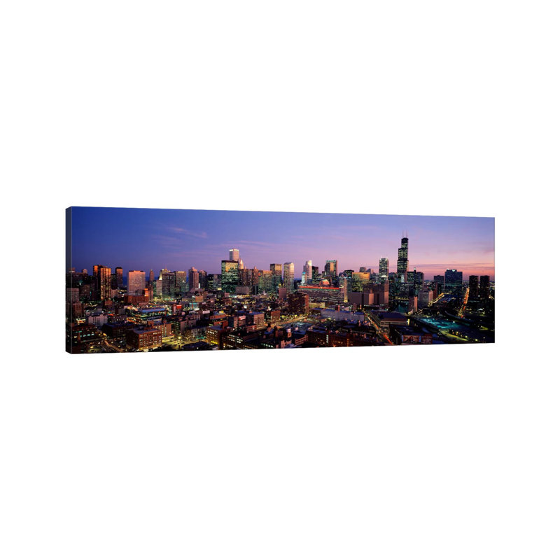 Skyscrapers in a City Lit up at Dusk, Chicago, Illinois, USA #2 1 Piece Wrapped Canvas Panoramic Wall Art