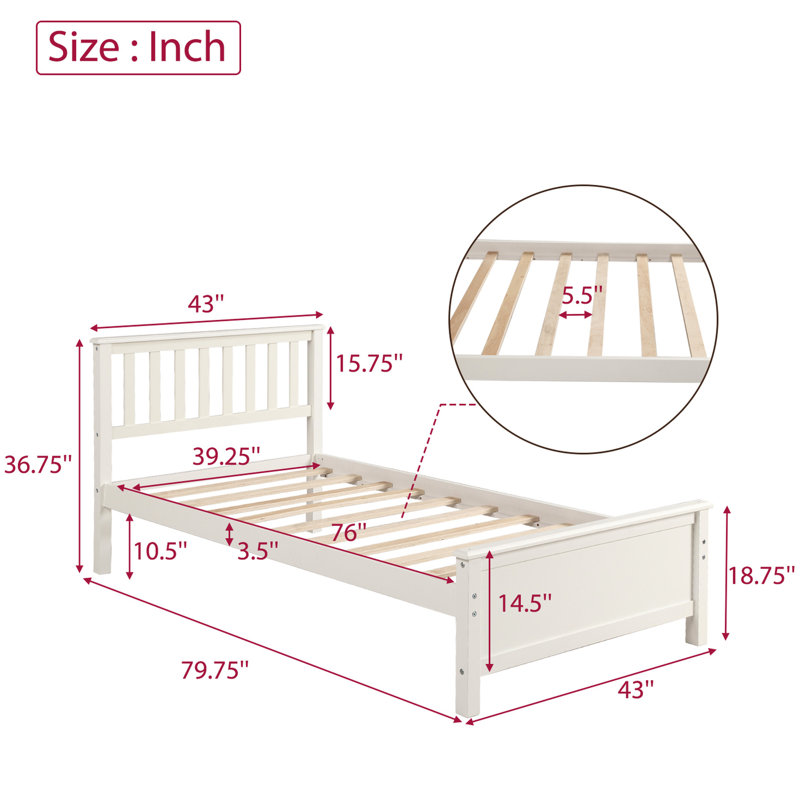 Lit simple en bois massif blanc avec tête de lit et plateforme de lattes de soutien pour la literie