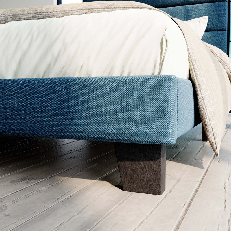 Lit plateforme Elison avec tête de lit tapissier en tissu et lattes en bois, Simple, Bleu marine
