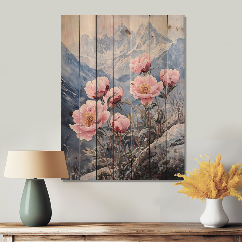 Pivoines par les sommets enneigés II - impression de pivoines sur bois de pin naturel, H 32 po x l 24 po x P 0,78 po