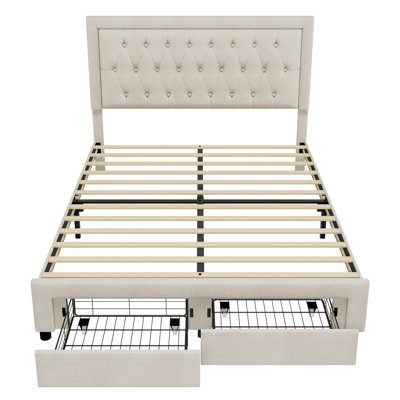 Emanuell Linen Upholstered Platform Bed with 2 Drawers, Storage Bed Frame With Tufted & Height-Adjustable Headboard