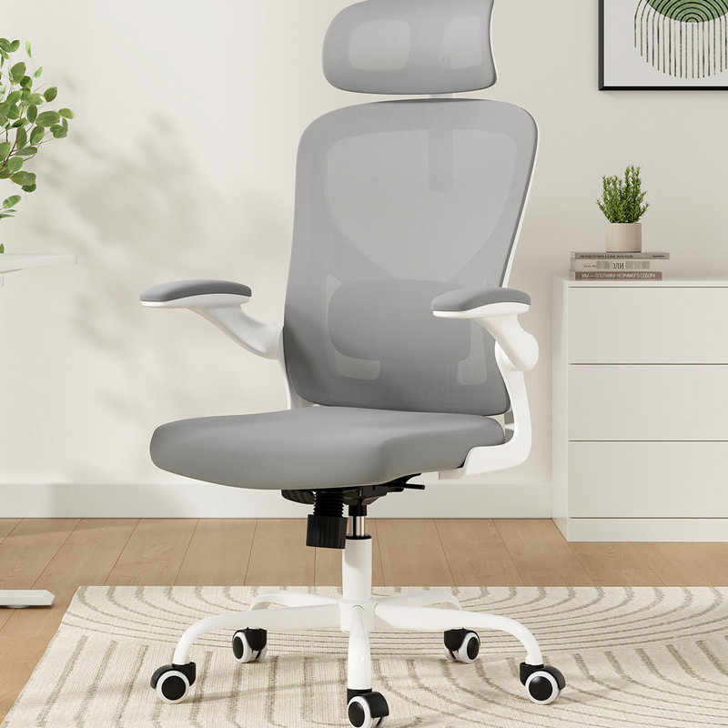 Chaise ergonomique moderne avec accoudoirs lombaires réglables et rabattables, Gris, Blanc