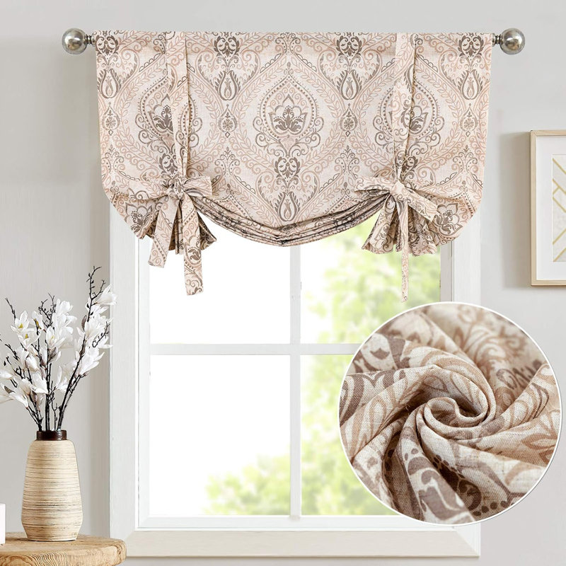 Faux Linen Farmhouse Tie up Valance, 42" W x 45" L, Taupe on Beige