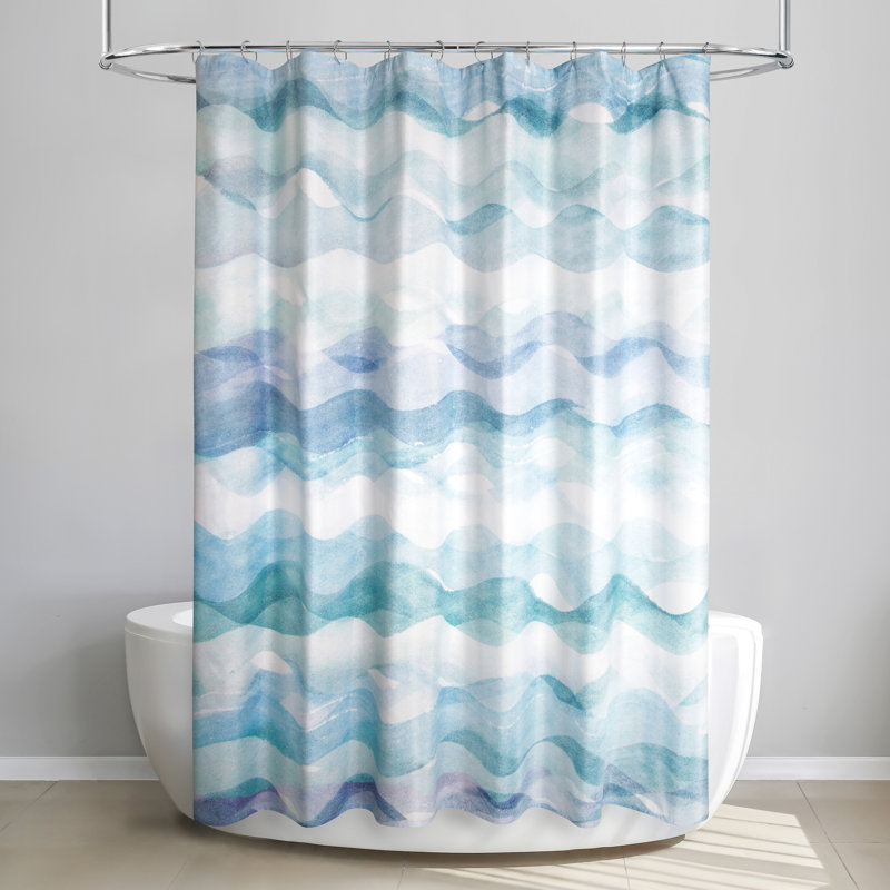 Watercolor Blue and Teal Wavy Polyester Shower Curtain