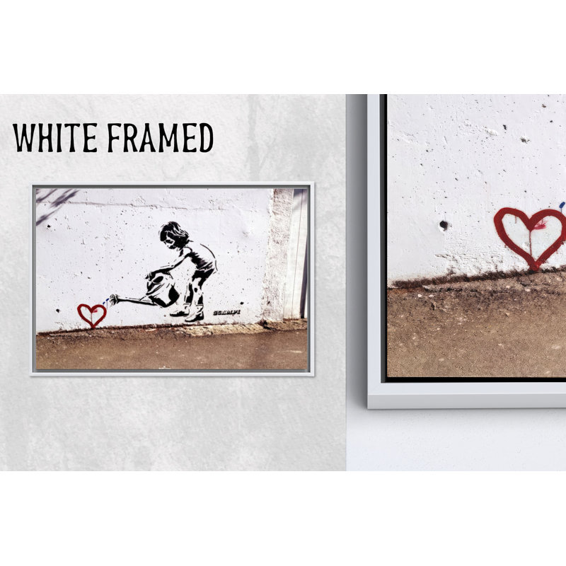 Reproduction d'art sur toile imprimée: Banksy Children Watering Heart Design, 1P WhiteFramedCanves