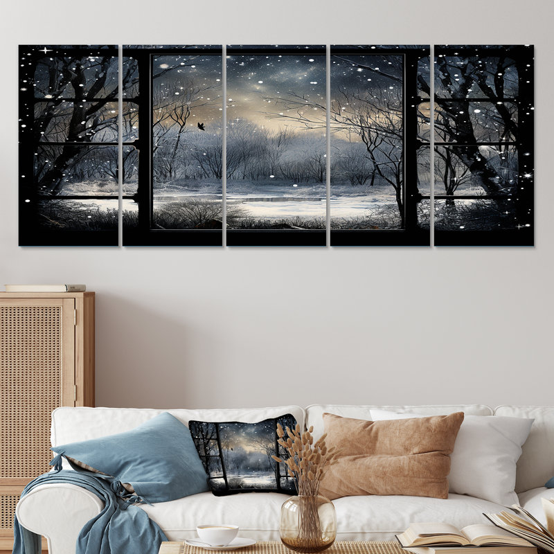 «Midnight Gothic Winter Window View I - Winter Landscape», ensemble de 5 décorations murales, H 32 po x l 80 po