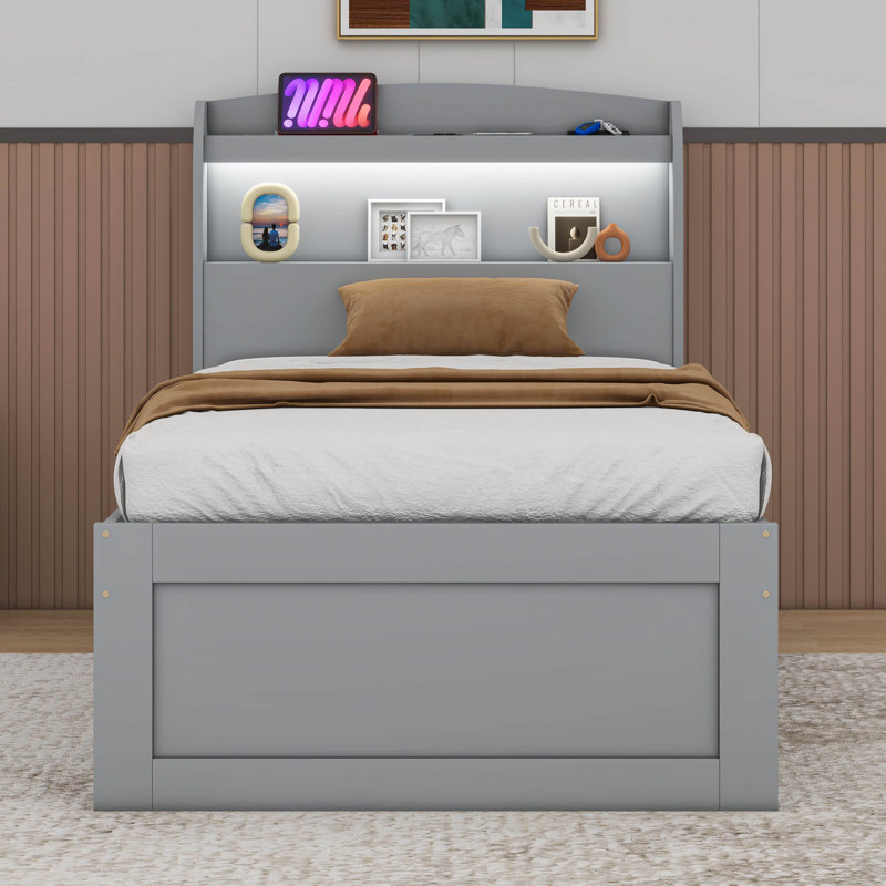 Twin XL Size Platform Bed with LED Headboard, Charging Station, Twin Size Trundle and 2 Drawers, Grey