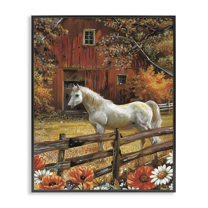 «Country Horse Autumn Barn», estampe numérique, conception par Ed Wargo, H 30 po x l 24 po, Giclée encadrée noir minuit
