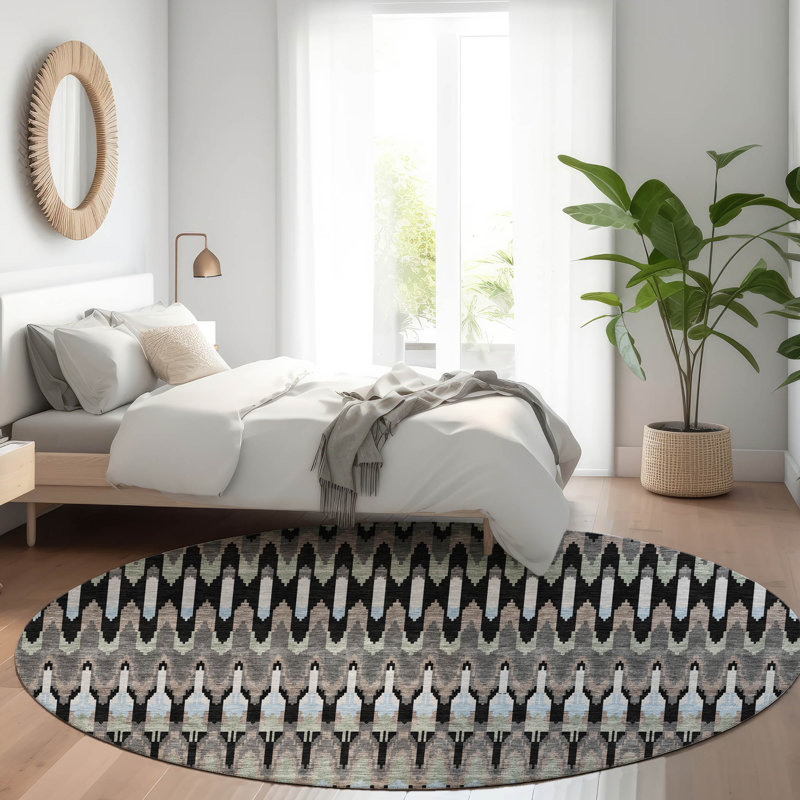 Premium Machine Washable Prisco Black Rug, Round 8'