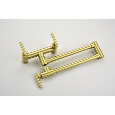 Robinet de cuisine doré - laiton, eau froide et chaude, 3 poignées, 2 trous, fixation murale, couche de corrosion, jet d'eau doux dans le robinet de remplissage, froid, finition, débit régulier