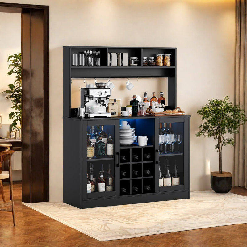 Armoire à vin avec éclairage à DEL, buffet de cuisine avec rangement, 6 crochets, 9 supports pour clin d'œil et tablette réglable