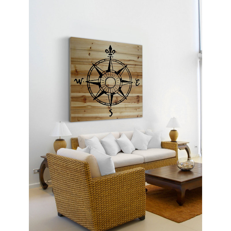 « compass », reproduction d’art sur bois de pin naturel, H 40 po x l 40 po x P 1,5 po