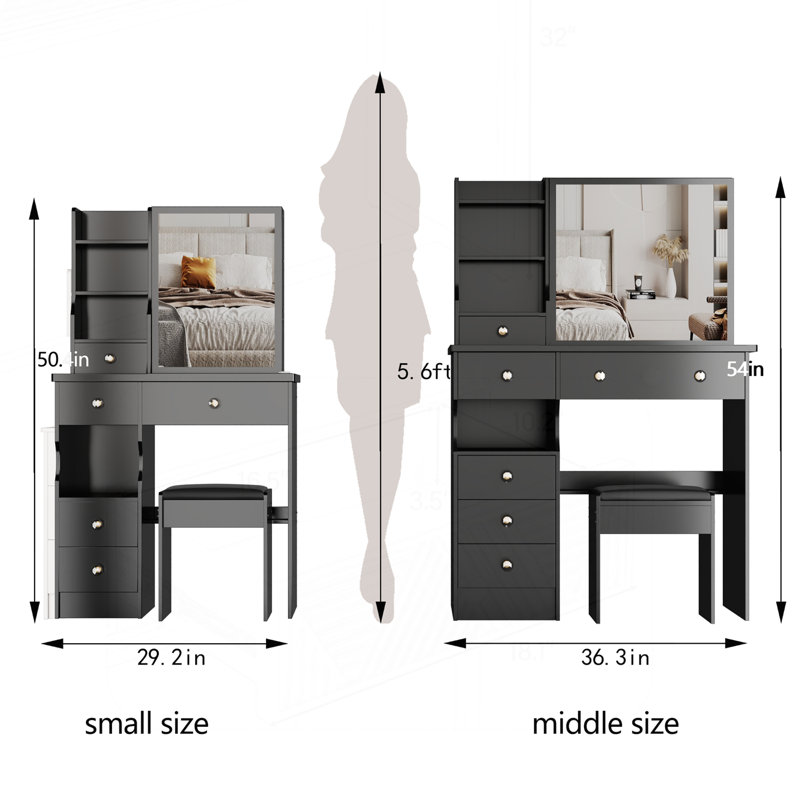Compact Dressing Table Set for Small Spaces, Black