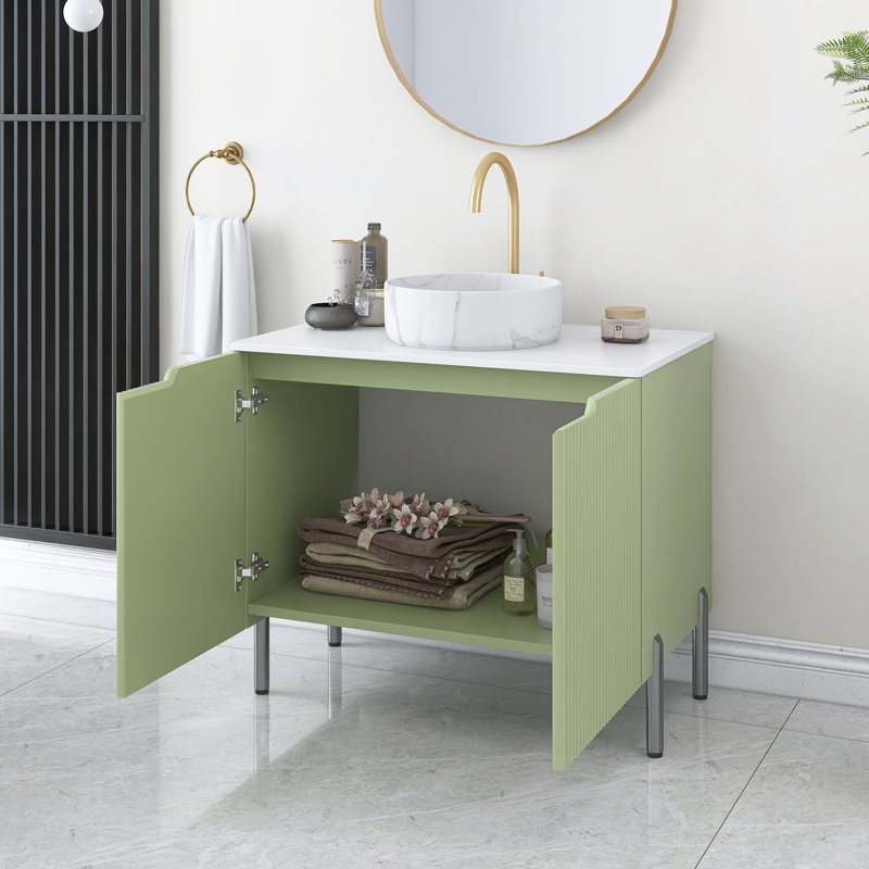 Meuble-lavabo de salle de bain 30 po avec lavabo, meuble de rangement autoportant avec 2 portes, lavabo rond en céramique blanche avec motif de pierre et comptoir blanc de Carrare, sans robinet, couleur vert clair