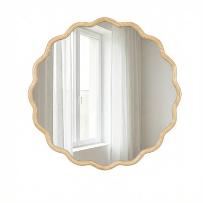 Modern Wavy Solid Wood Wall Mirror, Decorative Glass Vanity Mirror –Round  31"×31", for Bathroom, Bedroom, Living Room & Entryway
