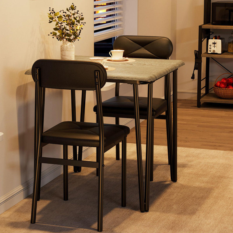 Dining Table Set, Table and Upholstered Chairs, Space-Saving Kitchen or Apartment Furniture, Gray, 3