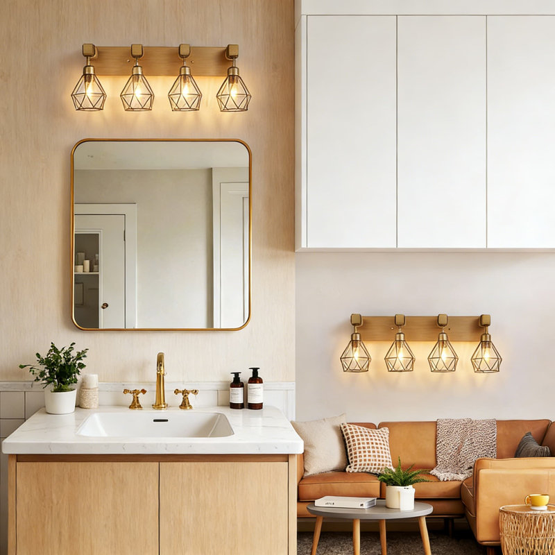 Farmhouse Vanity Light Fixture With Metal Shade And Wood Accents, 4-Light Antique Brass Wall Sconce For Bathroom, Bedroom, And Hallway