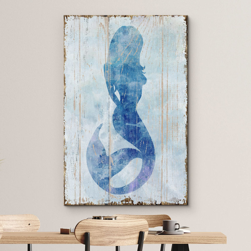 Silhouette de sirène bleue sur panneaux de bois, fantaisie et science-fiction, océan, illustrations, art moderne, rustique