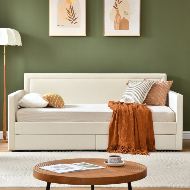 Twin Size Upholstered Upholstred Daybed with 2 Large Storage Drawers, Modern 2‑in‑1 Sofa Bed Frame for Guest Room Small Apartment