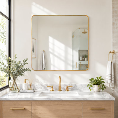 30 x 30 Inch Gold Metal Framed Square Bathroom Mirror – Wall-Mounted, Shatterproof Glass, Brushed Gold Finish