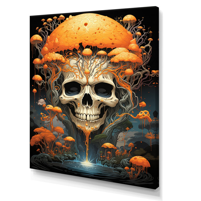 Tête de mort souriante, champignons orange, Halloween I - impression, Toile tendue, H 40 po x l 30 po x P 1,5 po