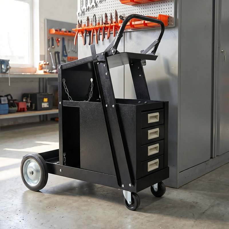 Chariot de soudage de qualité supérieure avec plateforme inclinée et tiroirs - Tablette de vérin à gaz et chaînes de sécurité