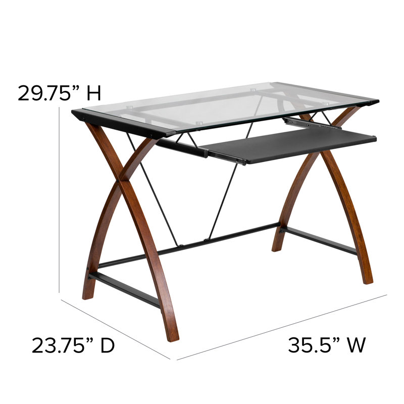 Glass Computer Desk with Pull-Out Keyboard Tray and Crisscross Frame, Clear/Wood Grain