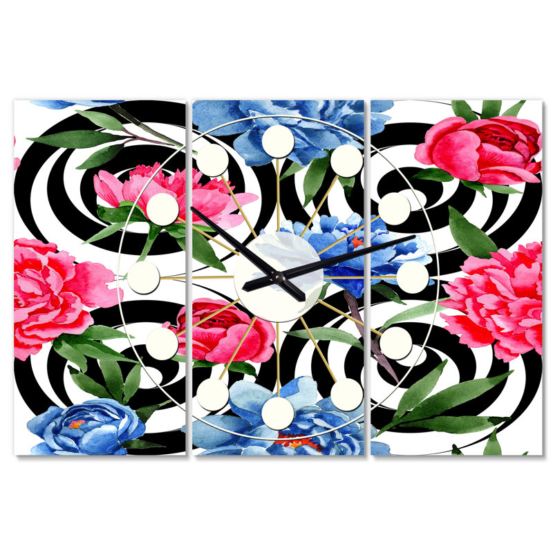 Très grande horloge murale floral rétro Mid-Century