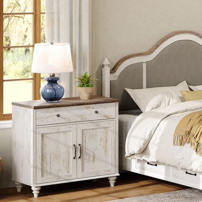 Table de chevet rétro avec grand espace de rangement, grande table de chevet en bois Morden, table de bout large avec canapé, commode de salon, chambre à coucher, blanc rustique, 33,9 po