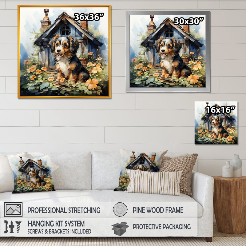 Cozy Cavapoo Cottage - Art mural chien, Toile tendue, H 16 po x l 16 po x P 1 po