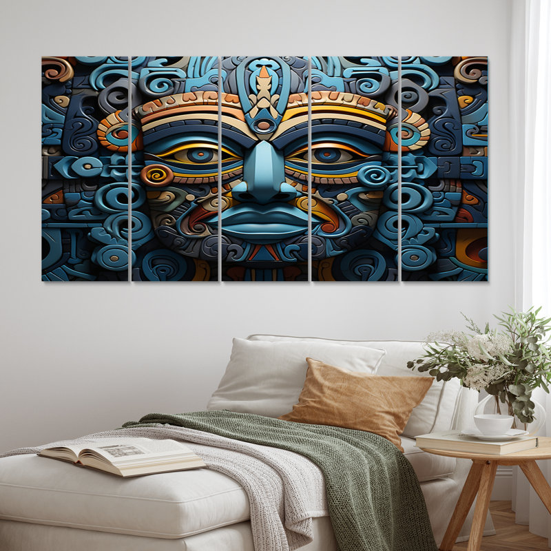 Bungalow Rose Teal Gold Mexico Vibrant Aztec Mask II On Canvas 5 Pieces ...