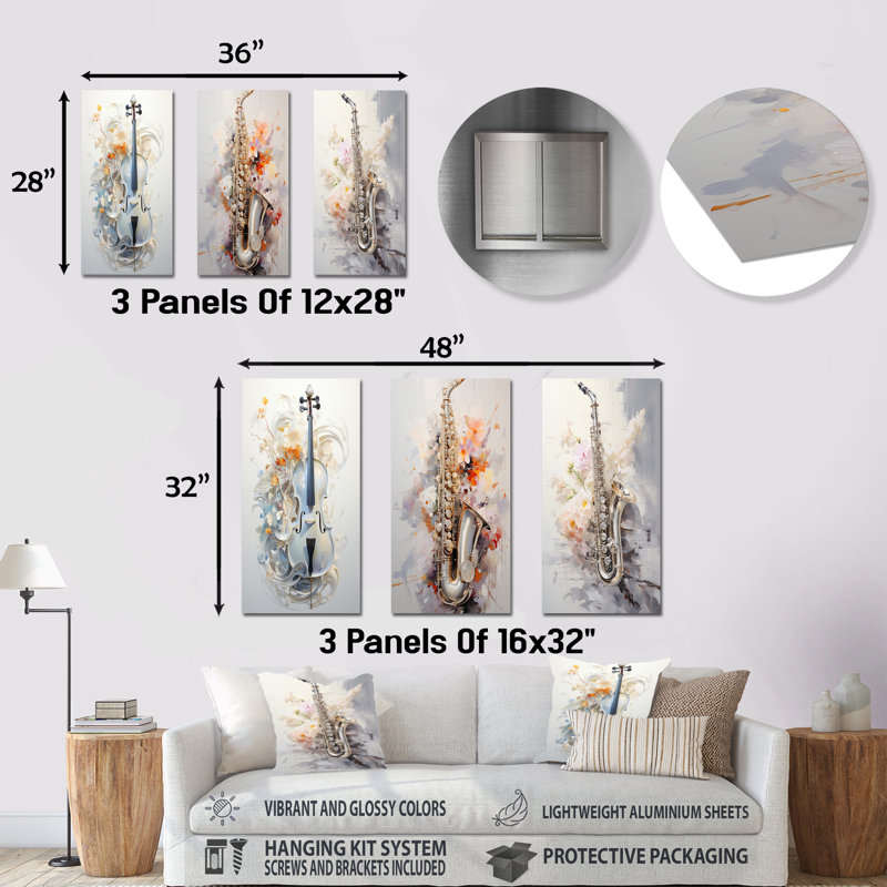 Flutes Whisper Silver Grace - ensemble d'art mural en métal 3 pièces, H 28 po x l 36 po