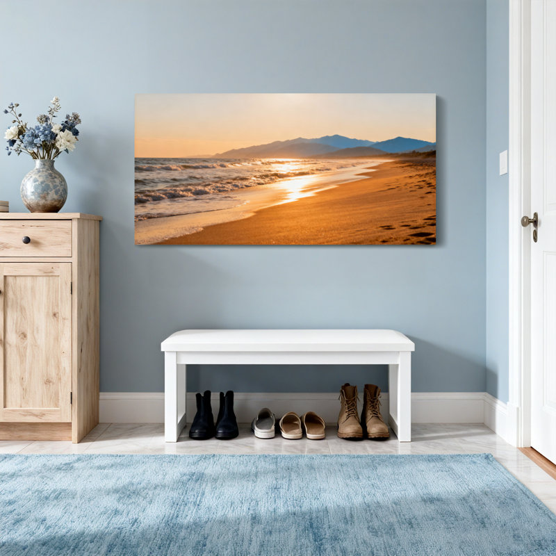 Paysage et nature Coucher de soleil Plage Vagues Montagnes Ciel Lumière dorée Sable Océan, H 16 po x l 32 po