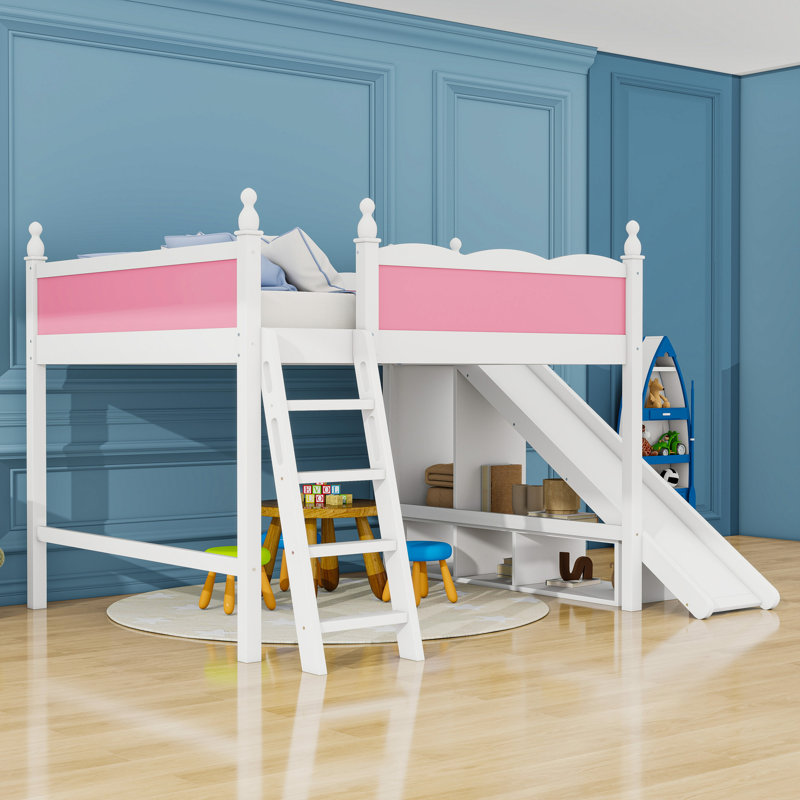 Lit mezzanine en bois avec tablettes de rangement et glissoire, Grand, Rose / blanc