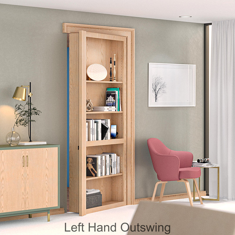 Flush Wood Unfinished Hidden Door, Pivot Hinge, Door Frame, Door Trim, 80" H x 36" W, Red Oak, Outswing Left