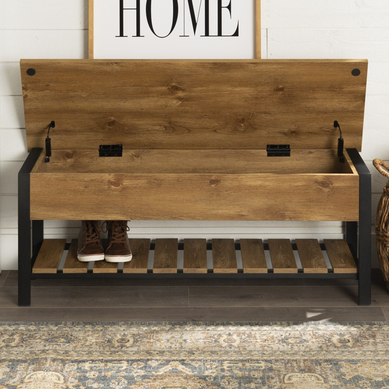 Banc de rangement à plateau rabattable avec tablette inférieure Raland, Bois de grange