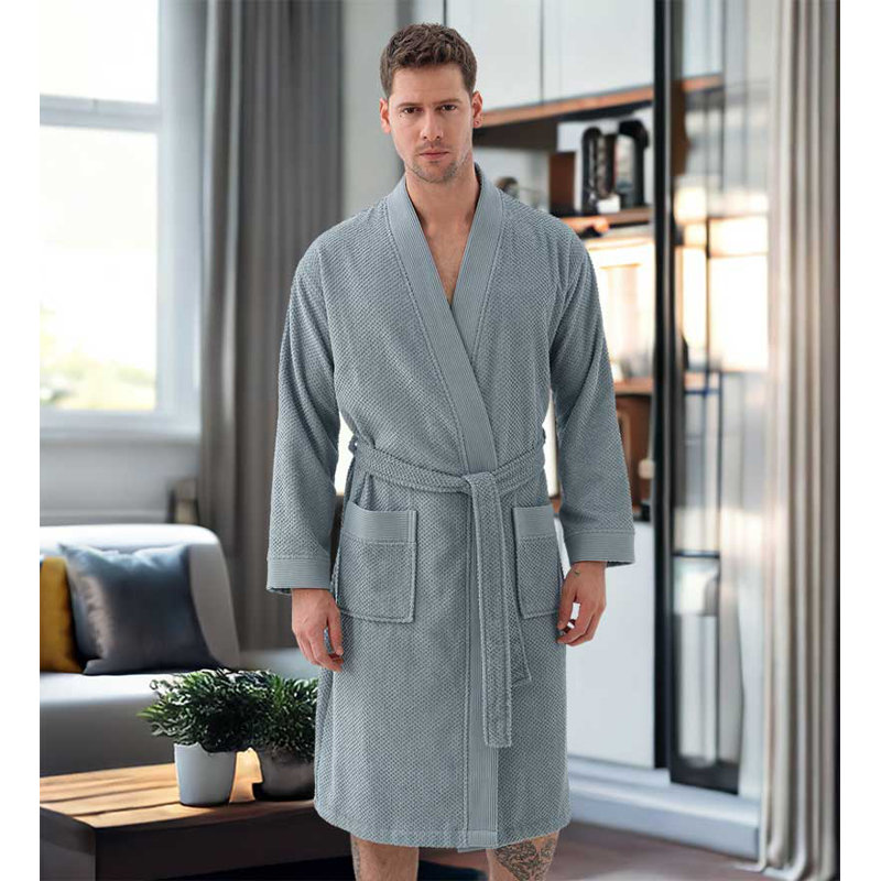 Peignoir de luxe SEYANTE pour homme - Kimono en coton éponge turc biologique certifié GOTS, TTG, Bleu gris