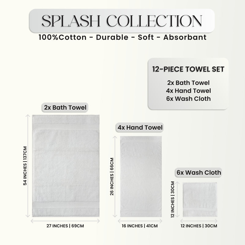 Splash 100% Cotton Zero Twist Towel Set, Bath Towels, Hand Towels & Washcloths, 550 GSM Soft Absorbent Towels for Bathroom, Spa & Daily Use, OEKO-TEX Certified, 12 Pack, White