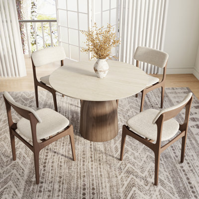 Amberly Luxurious Round Dining Table | Travertine & Stone Top With Solid Wood Base – Modern Design For Home & Entertaining