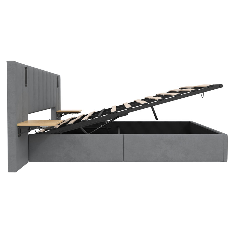 5ft Upholstered Bed With Headboard And Adjustable Bedside Shelf Grey, Kingsize (5')