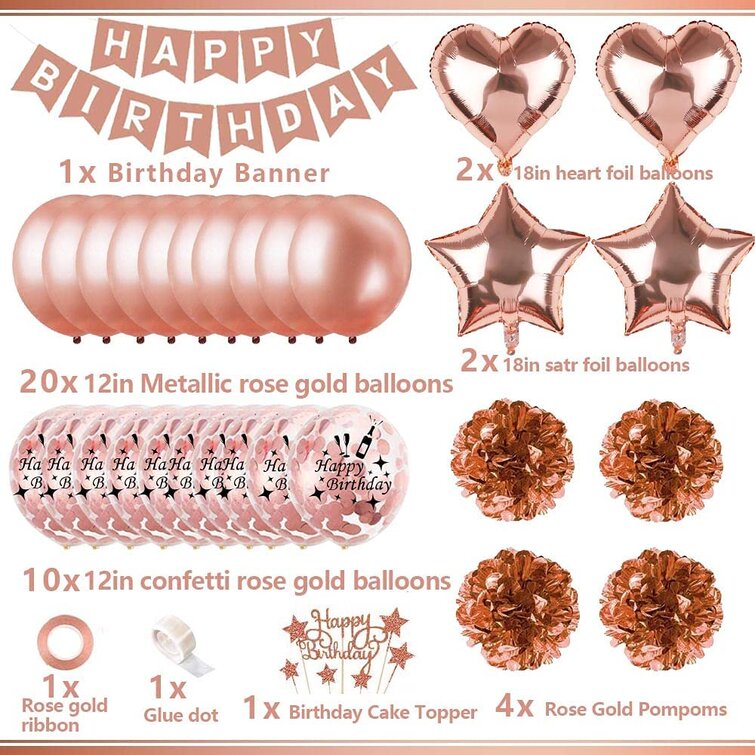 Birthday Decorations for Women Girls, Rose Gold Birthday Party Decorations,  Rose Gold Balloons Happy Birthday Banner Tablecloth Paper Pom Poms Foil