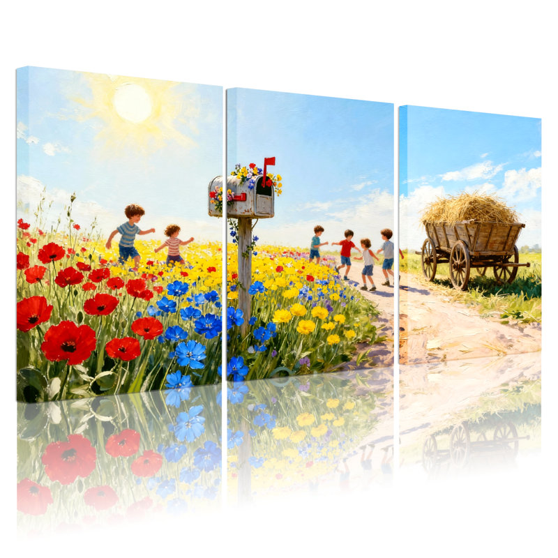 Assortiment de bouquets de fleurs ensoleillés, boîte aux lettres, wagon de foin, ensemble de 3 impressions sur toile