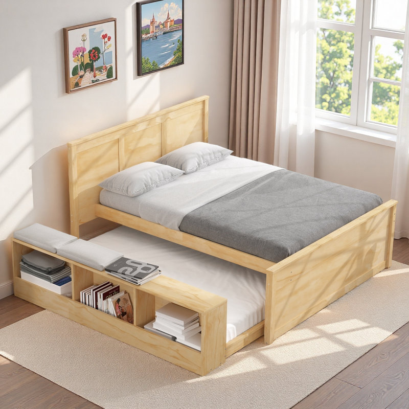 Lit plateforme en bois avec lit gigogne escamotable et compartiments de rangement latéraux, Naturel, Lit double