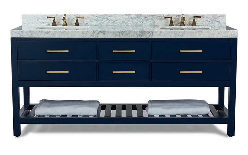 Elizabeth 72" Double Bathroom Vanity Set with Mirror, Carrara White, Gold, Heritage Blue