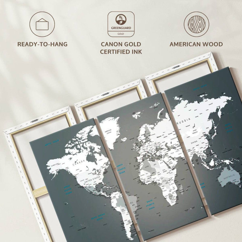 Ensemble de 3 pièces de carte du monde sur toile, H 74 po x l 48 po x P 1,25 po